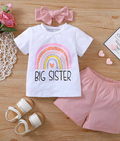 Girls rainbow letter printed short sleeve top  Shorts Included  Adjusted Headband Included  Color as pictured 