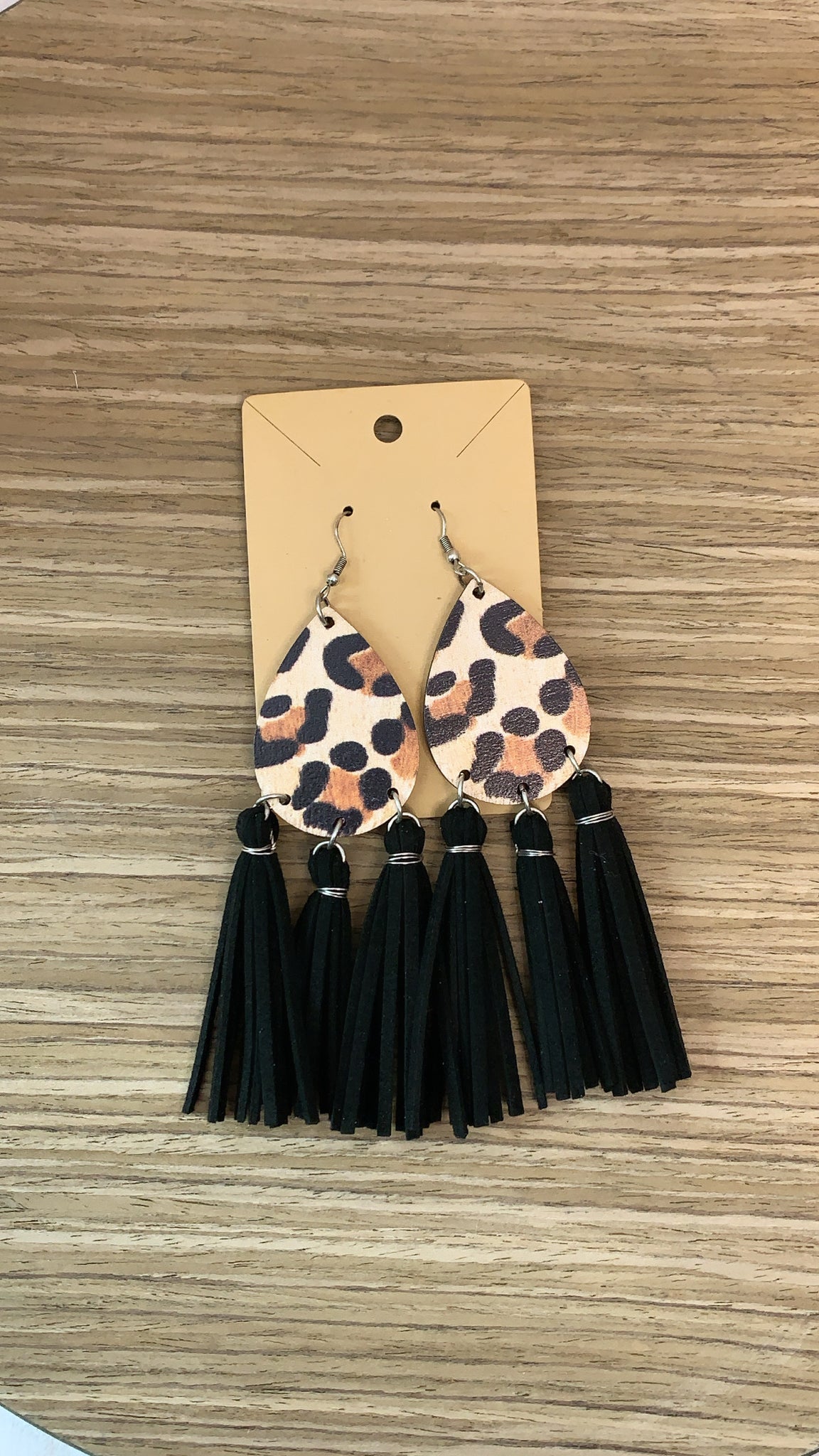 Leopard Wooden Black Tassel Earrings   *5 in Long   *Lead Compliant 