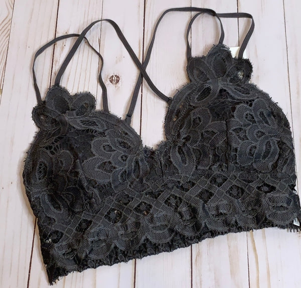 Dark Gray Crochet Lace Bralette   Pull over style, long line, all day comfort V neckline  Removal bra pads  Criss-cross straps at back  Adjustable straps with perfect amount of stretch  Fabric: 90% nylon, 10% spandex  