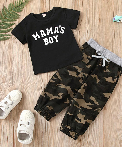 Boys short sleeve letter printed t-shirt  Camouflage pants included 