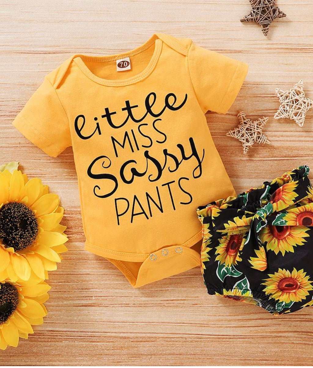 Baby girls shorts sleeve letter printed onesie  Sunflower Shorts Included  Color as pictured 