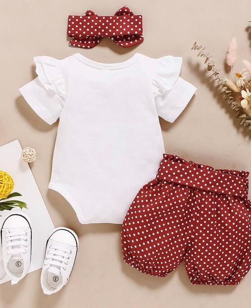 Baby girls letter printed short sleeve onesie  Polka dot shorts included  Adjustable Headband Included  Color as pictured 