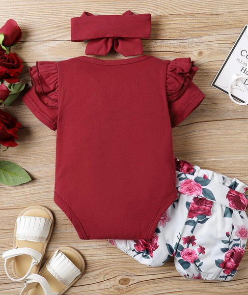 Baby girls short sleeve letter printed red onesie  Shorts included  Adjustable Headband Included  Color as pictured 
