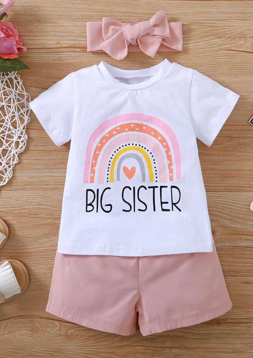 Girls rainbow letter printed short sleeve top  Shorts Included  Adjusted Headband Included  Color as pictured 