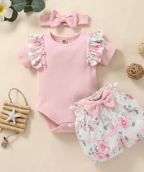 Baby girls floral ruffled short sleeve onesie  Floral Shorts Included  Headband Included 