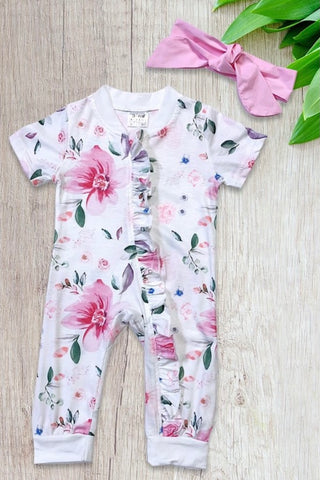 Floral Bodysuit w/ Adjusted Headband  97% Cotton, 3% Spandex As Pictured Floral Printed Adjusted Headband Included 