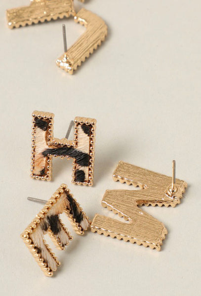Leopard Print Genuine Leather Initials Earrings 