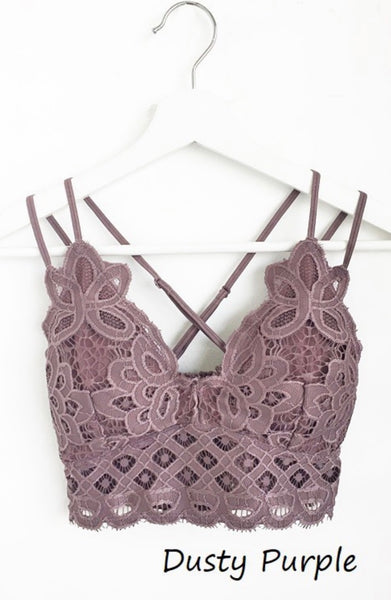 Dusty Purple Crochet Lace Bralette   Pull over style, long line, all day comfort V neckline  Removal bra pads  Criss-cross straps at back  Adjustable straps with perfect amount of stretch  Fabric: 90% nylon, 10% spandex  