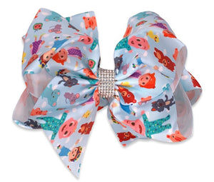Cocomelon Printed double layer hair bow with rhinestones  *7.5" WIDE  Multicolor 