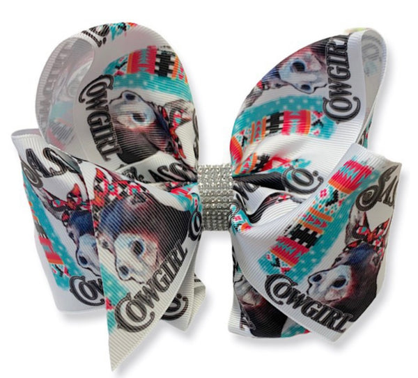 CowGirl Printed double layer hair bow with rhinestones  *7.5" WIDE  Multicolor 
