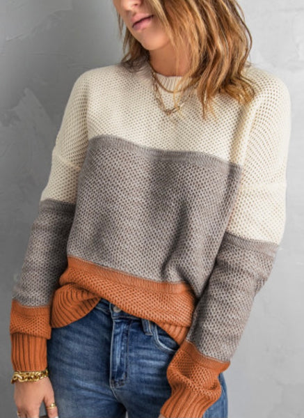 Yellow Color Block Sweater Netted Texture Pullover Sweater 