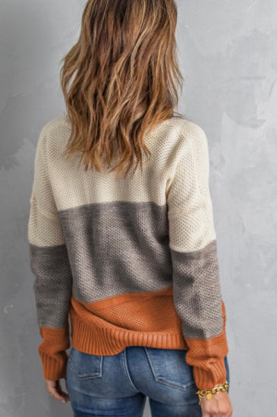 Yellow Color Block Sweater Netted Texture Pullover Sweater 